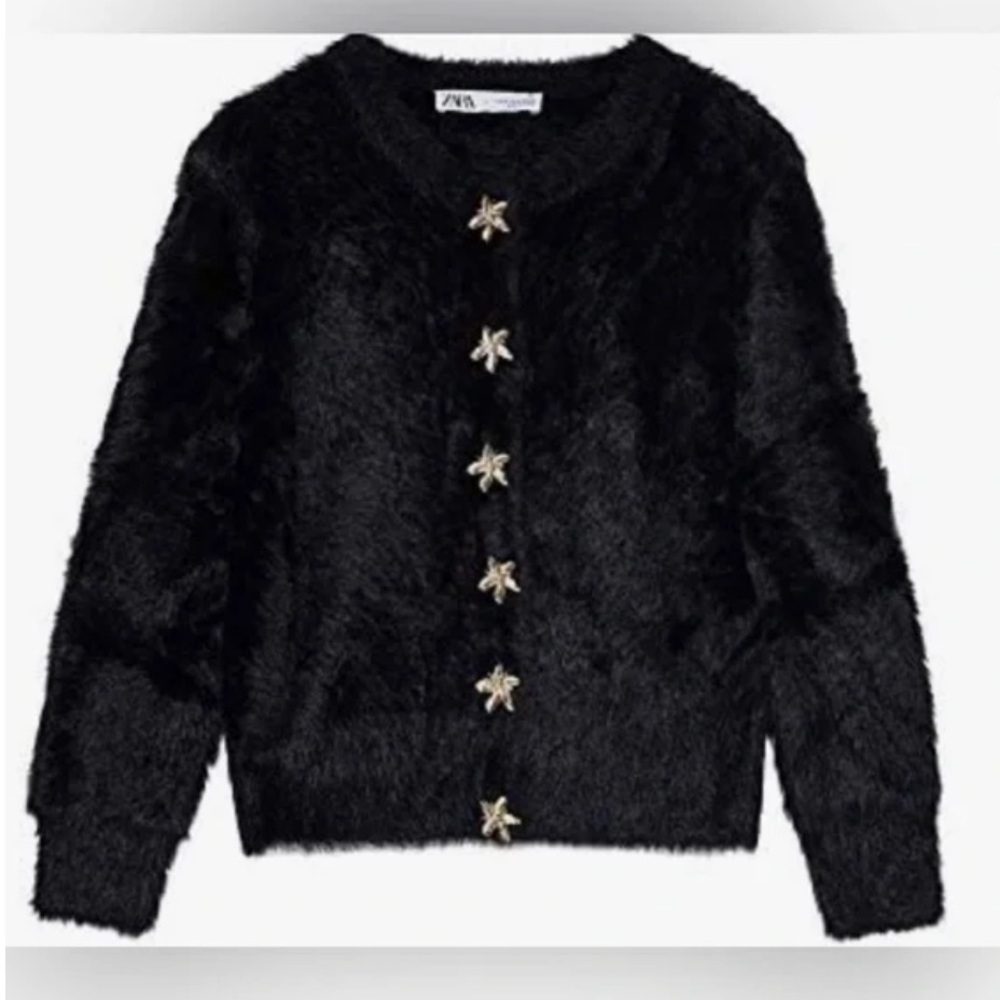 Zara Black Faux Fur Cardigan with Star Accents Buttons